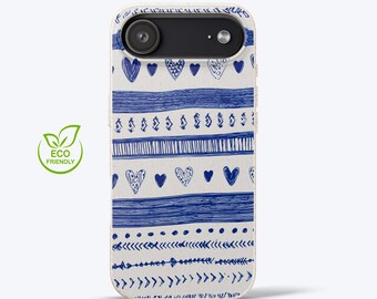 Biodegradable Phone Case For Samsung & iPhone Series Blue Heart Doodle, Eco Phone Cover
