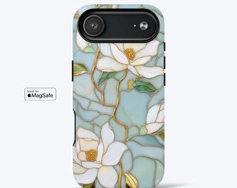 White Magnolia Flowers Phone Case for iPhone, MagSafe Compatible - Pretty Delicate, Tough Dual-Layer Phone Cover