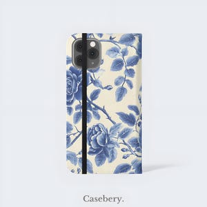 Blaue Blumen Flip-Handyhülle für iPhone 11, 12, 13, 14, 15, 16, Pro Max, für Samsung S21, S22 Plus, Ultra, Vegan Ledertasche