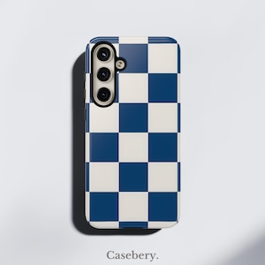 Blue Checkered Aesthetic Phone Case For Samsung S25, S24, S23, S22, S21, S20, S10, Ultra, Plus, FE, Protective Tough Case, Trendy Phone Case
