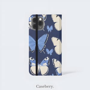 Blauer Schmetterling Flip-Telefon-Kasten für iPhone 11, 12, 13, 14, 15, 16, Pro Max, für Samsung S21, S22 Plus, Ultra, Vegan Leder Brieftasche Fall