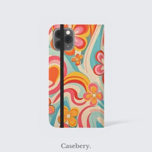 Étui de téléphone à rabat fleurs rétro années 70 pour iPhone 11, 12, 13, 14, 15, 16, Pro Max, pour Samsung S21, S22, Plus, Ultra, étui portefeuille en cuir végétalien