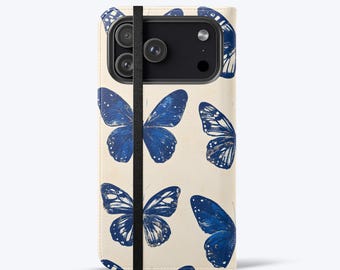 Blue Butterfly Wallet Phone Case for iPhone and Samsung, Faux Leather Flip Folio