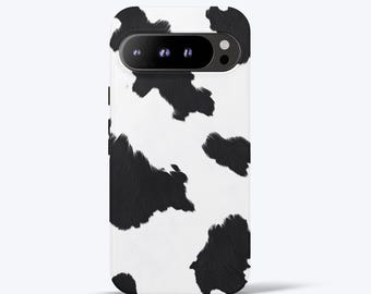 Cow Print Phone Case for Google Pixel, Tough Case, Black White Aesthetic, Cute Western Cowhide Pattern