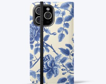 Blue Floral Flip Phone Case For iPhone 11, 12, 13, 14, 15, 16, Pro Max, For Samsung S21, S22, Plus, Ultra, Vegan Leather Wallet Case