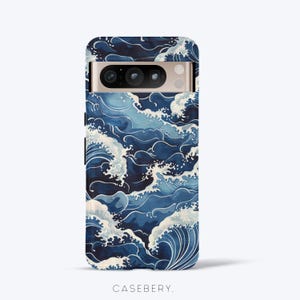 Coque pour téléphone de style vagues japonaises conçue pour Google Pixel XL, 2, 3, 4, 5, 6, 7, 8, 9, Bleu Tough Case | Plus de modèles