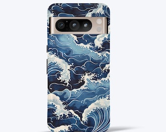 Japanese Waves Style Phone Case Designed For Google Pixel XL, 2, 3, 4, 5, 6, 7, 8, 9, Blue Tough Case | More Models