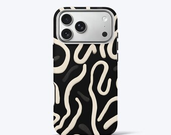 Abstract Black Phone Case For iPhone Series, Minimalist Line Art Modern, Wavy Pattern Cover