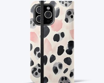 Abstract Leopard Wallet Phone Case For iPhone & Samsung, Flip Folio Neutral Pink Black Animal Print Phone Wallet, Card Holder
