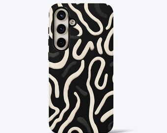 Black Abstract Swirl Phone Case For Samsung Galaxy S26, S25, S24, S23, S22, S21, S20, Tough Case Cream Wavy Lines Pattern