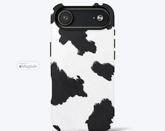 Cow Print Phone Case for iPhone, MagSafe Compatible, Black White Aesthetic, Cute Western Cowhide Pattern