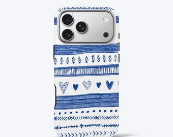Blue and White Boho Phone Case for iPhone Series | Tribal Stripe Heart Pattern Protective Cover