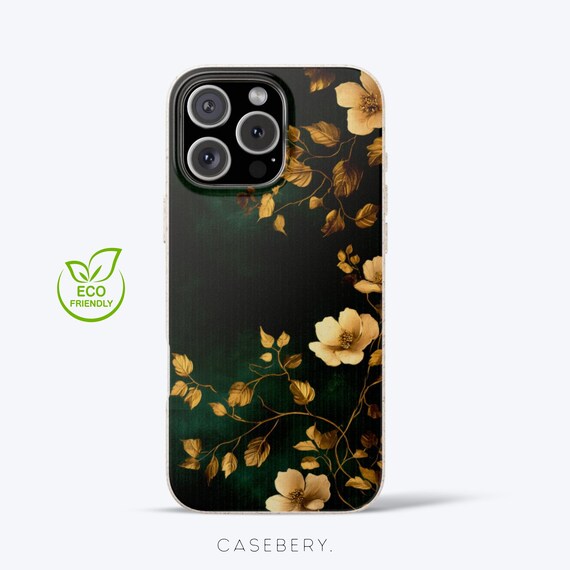 Gold Floral Eco-Friendly Phone Case for iPhone 11, 12, 13, 14, 15, 16, Pro,  Pro Max, Plus, & Samsung S20, S21, Biodegradable Phone Case