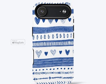 Blue and White Boho Phone Case for iPhone Series | MagSafe Compatible | Tribal Stripe Heart Pattern