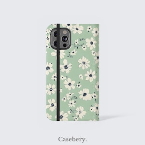 Winzige Blumen Flip-Handyhülle für iPhone 11, 12, 13, 14, 15, 16, Pro Max, für Samsung S21, S22 Plus, Ultra, Grün, Vegan Leder Brieftasche