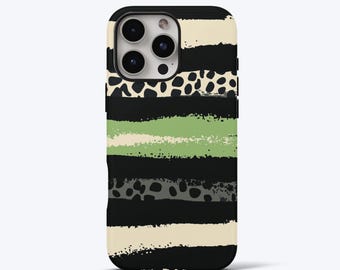 Leopard Stripe Phone Case for iPhone - Cream Green Coloured, Tough Dual-Layer Phone Cover