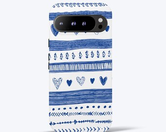 Boho Phone Case for Google Pixel Series | Tribal Stripe Heart Pattern | Blue and White