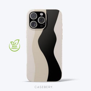 May include: Eco-friendly phone case with a wavy design in beige, black, and off-white. The case features a camera module with multiple lenses. The brand name "CASEBERY" is printed at the bottom.