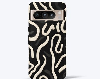 Black Abstract Swirl Phone Case For Google Pixel Series, Tough Case Cream Wavy Lines Pattern