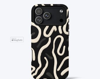 Black Abstract Swirl Phone Case For iPhone, MagSafe Compatible, Tough Case Cream Wavy Lines