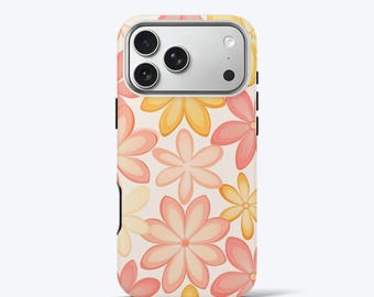 Capa de celular com flores rosa retrô para iPhone - Capa de celular estética e resistente de camada dupla