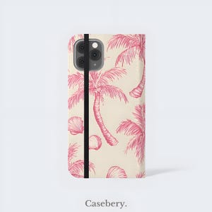 Funda abatible con diseño de conchas rosas para iPhone 11, 12, 13, 14, 15, 16, Pro Max, Samsung S21, S22, Plus y Ultra. Funda de piel vegana tipo cartera.