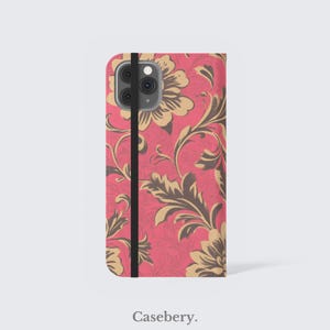 Capa de celular vintage floral rosa para iPhone 11, 12, 13, 14, 15, 16, Pro Max, para Samsung S21, S22, Plus, Ultra, capa carteira de couro vegano