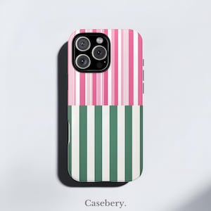 Pink Green Striped Phone Case For iPhone 16 Case, iPhone 13 case, iPhone 15 Case, iPhone 12 Case, All Models, Trendy Phone Case