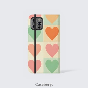 Funda de teléfono con tapa de corazones retro para iPhone 11, 12, 13, 14, 15, 16, Pro Max, Samsung S21, S22, Plus, Ultra, funda de billetera de cuero vegano