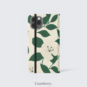 Grüne Creme Blumen Flip-Handyhülle für iPhone 11, 12, 13, 14, 15, 16, Pro Max, für Samsung S21, S22 Plus, Ultra, Vegan Leder Brieftasche Fall