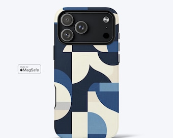 Capa minimalista para iPhone, compatível com MagSafe - azul creme geométrico, capa resistente de duas camadas para celular