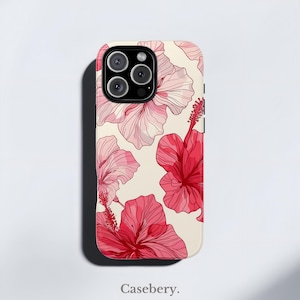 Custodia per telefono con fiori di ibisco rosa, progettata per iPhone 8, X, 11, 12, 13, 14, 15, 16, elegante e resistente / tutti i modelli