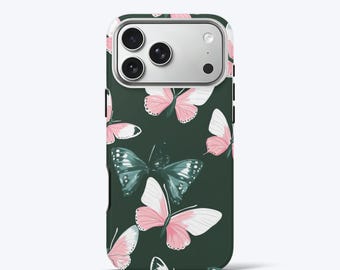 Rosa fjärilsfodral till iPhone - Sött estetiskt, tåligt telefonfodral med dubbla lager