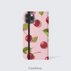 Rosa Kirsch Klapp-Handyhülle für iPhone 11, 12, 13, 14, 15, 16, Pro Max, für Samsung S21, S22 Plus, Ultra, hübsche Vegan Ledertasche