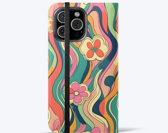 Retro 70s Flip Phone Case for iPhone & Samsung, Folio Flower Wave Phone Case, Card Holder