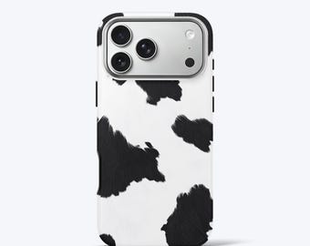 Cow Print Phone Case for iPhone, Tough Case, Black White Aesthetic, Cute Western Cowhide Pattern