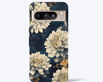 Vitt krysantemumskal för Google Pixel 5, 6, 7, 8, 9, elegant blommigt skal