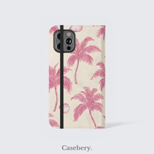 Pink Seashells Flip Phone Case For iPhone 11, 12, 13, 14, 15, 16, Pro Max, For Samsung S21, S22, Plus, Ultra, Palm Trees Leather Wallet Case