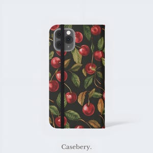 Cherry Flip Handyhülle für iPhone 11, 12, 13, 14, 15, 16, Pro Max, für Samsung S21, S22 Plus, Ultra, Vegan Leder Brieftasche Handytasche