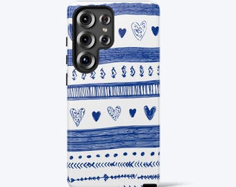 Boho Phone Case for Samsung S26, S25, S24, S23, S22, S21, S20 | Tribal Stripe Heart Pattern | Blue and White