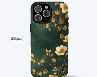 Gold Floral Phone Case for iPhone, MagSafe Compatible - Aesthetic, Tough Dual-Layer Phone Cover