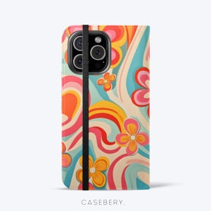 70s Retro Flowers Flip Phone Case For iPhone 11, 12, 13, 14, 15, 16, Pro Max, For Samsung S21, S22, Plus, Ultra, Vegan Leather Wallet Case