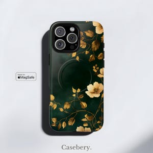 Gold Floral Aesthetic Phone Case Compatible with MagSafe For iPhone 14 Case, iPhone 15 Case, iPhone 16 Case, Trendy Magnetic Phone Case