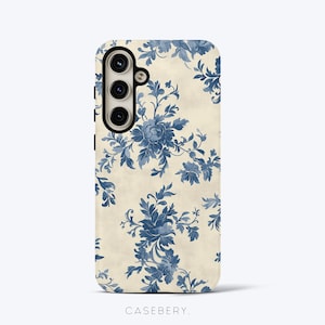 French Vintage Flowers Phone Case Designed For Samsung S24, S23, S22, S21, S20, S10 Blue Cream Tough Case | All Models
