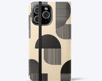 May include: A phone case with a geometric design. The case features a cream-colored background with black shapes, including semi-circles and vertical lines. A black elastic band secures the case. The brand name "CASEBERY" is printed at the bottom.