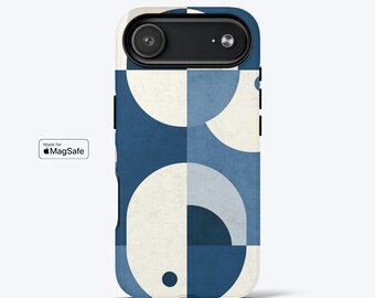 Capa de celular estilo geométrico para iPhone, compatível com MagSafe - Estética azul, capa de celular resistente de camada dupla