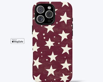White Star Phone Case for iPhone, MagSafe Compatible - Burgundy Aesthetic, Tough Dual-Layer Phone Cover