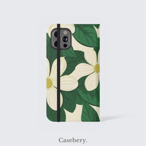 Funda de teléfono con tapa de flores retro para iPhone 11, 12, 13, 14, 15, 16, Pro Max, Samsung S21, S22, Plus, Ultra, funda de billetera de cuero vegano verde