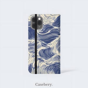 Capa flip com estampa de água corrente para iPhone 11, 12, 13, 14, 15, 16, Pro Max, Samsung S21, S22, Plus, Ultra, capa tipo carteira de couro vegano azul