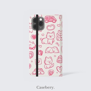Süße Rosa Zeichnungen Flip-Handyhülle für iPhone 11, 12, 13, 14, 15, 16 Pro Max, für Samsung S21, S22 Plus, Ultra, Vegan Leder Brieftasche Fall